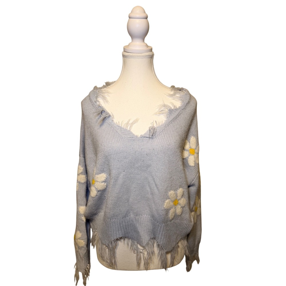 Daisy Distressed Knit Sweater Grunge Soft Girl Coquette Blue S